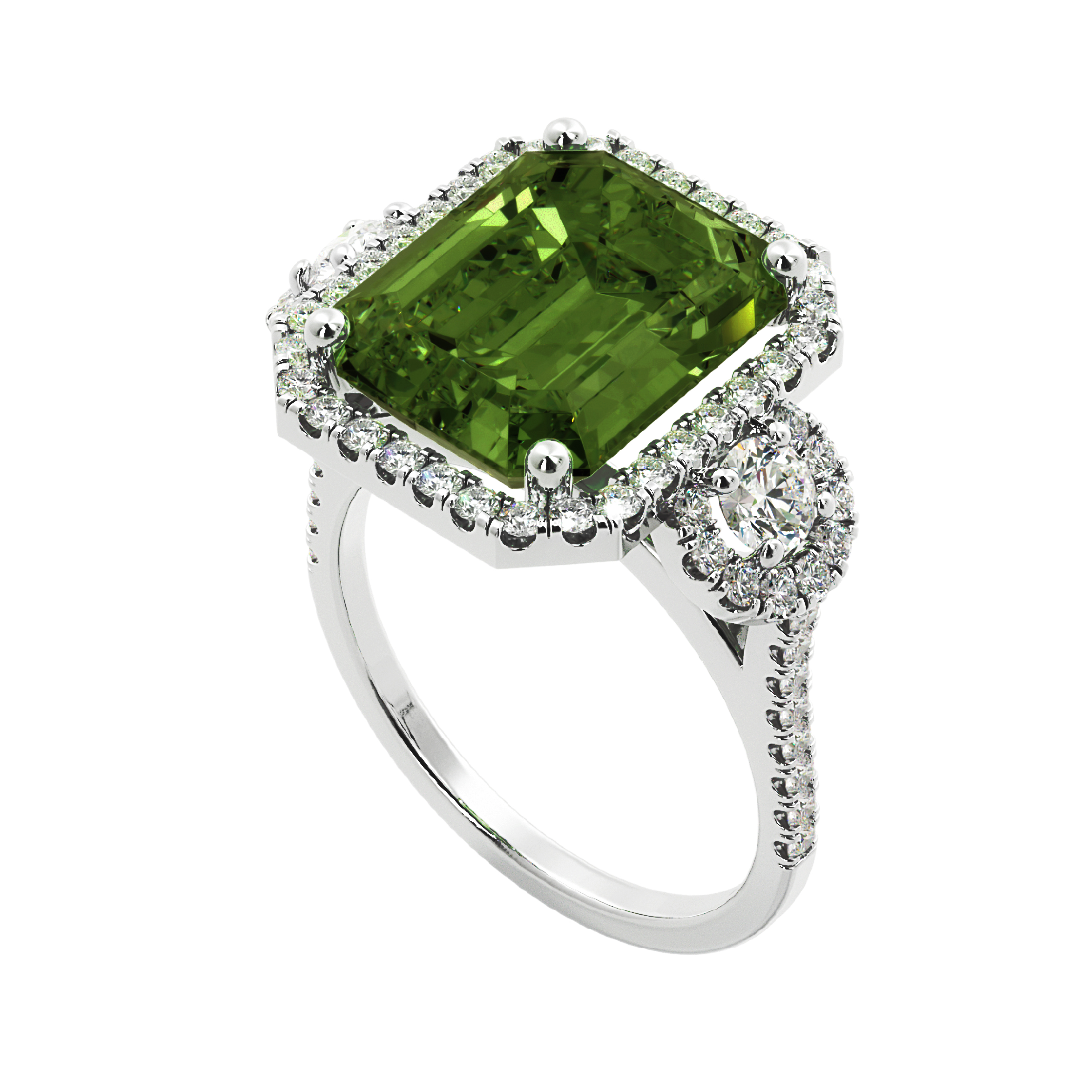 A three-stone diamond ring in 18k gold resting on cream silk at the LWL atelier